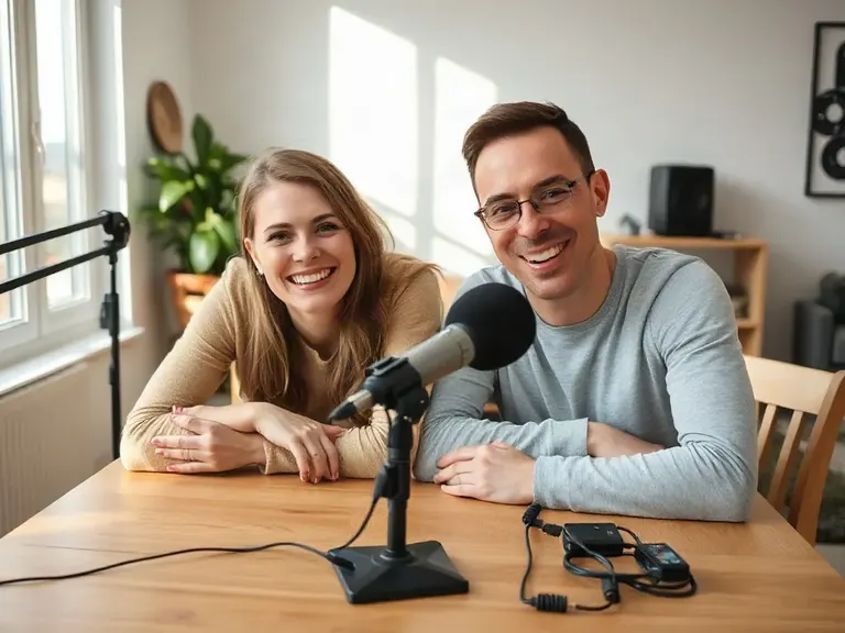 Two people recording a podcast at a kitchen table with a microphone