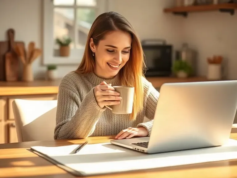 A woman with a cup of coffee shopping online on a laptop at her kitchen table
