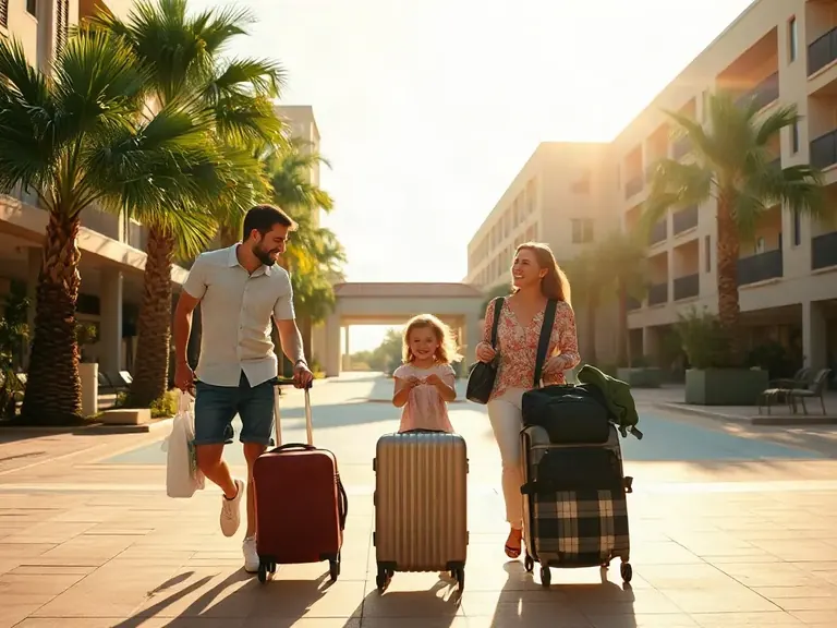 A family of three with suitcases walking into a sunny holiday resort