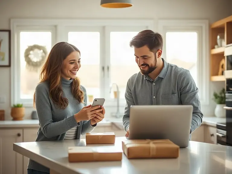 Two parents at a kitchen counter checking their family cash back balance on a phone and laptop